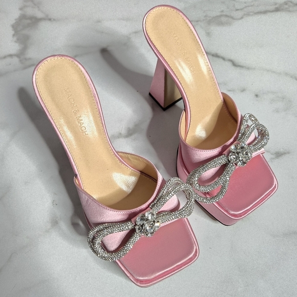 MACH & MACH Pink Bow Satin Crystal Bow Mules Heels Size 38.5 - Picture 1 of 9